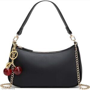 PU Leather Hobo Shoulder Bag with Removable Straps and Cherry Charm